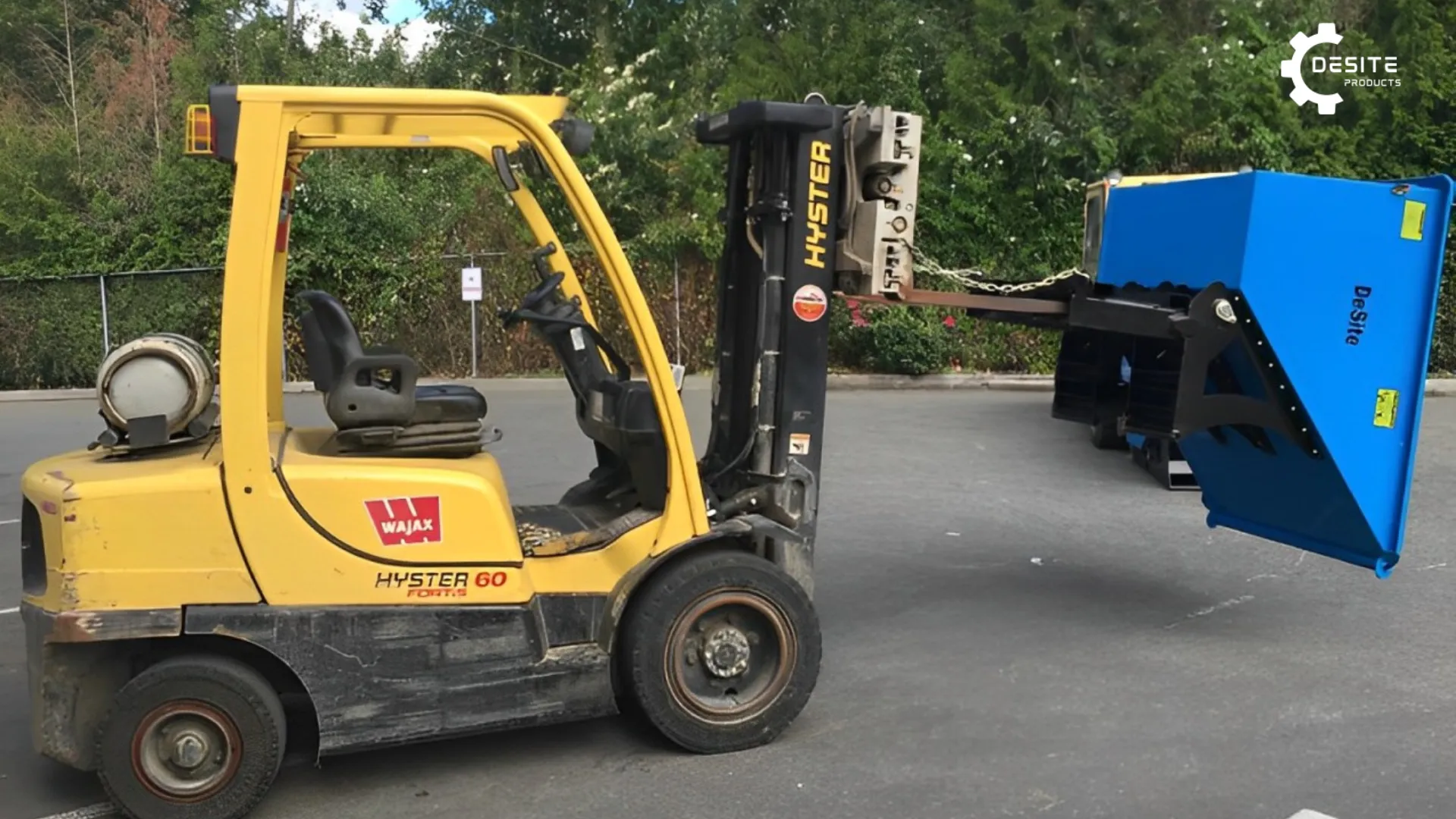 Front view of DeSite 1 Yard Bin with Forklift transporting 1 yard of material efficiently.