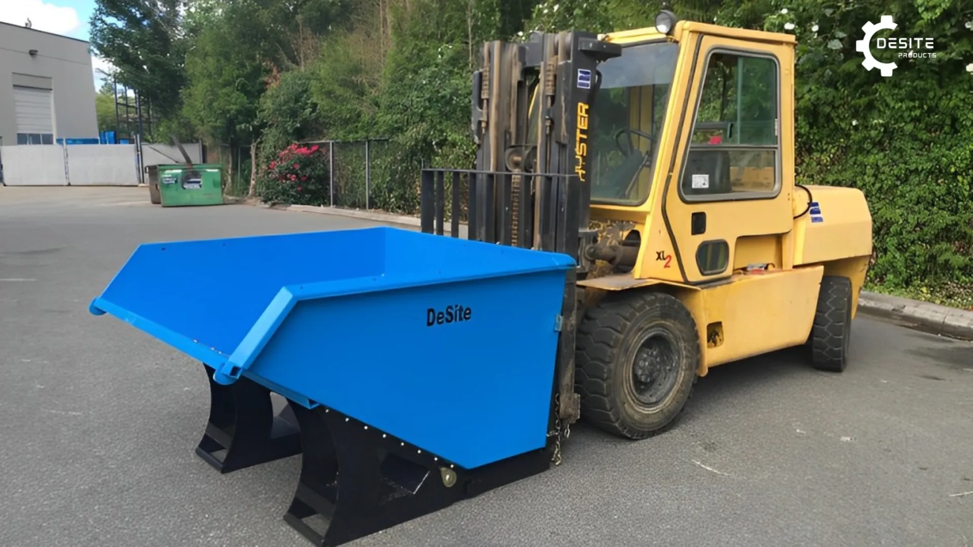 Front view of DeSite 2 Yards Bin with Forklift transporting 2 yards of material efficiently.