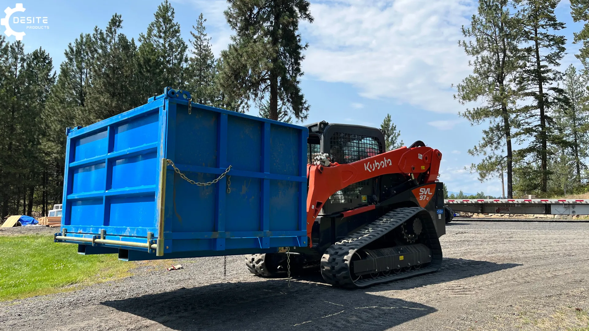 Front view of DeSite TB 4.75 Yards Bin with skid steer transporting 4 yards of material efficiently.