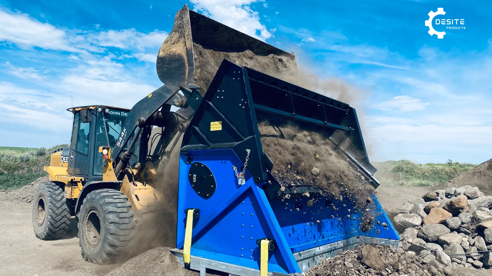 SLG 108VFRB Topsoil and Rock Screener built for full-sized equipment, screening 30 to 60 yards per hour.