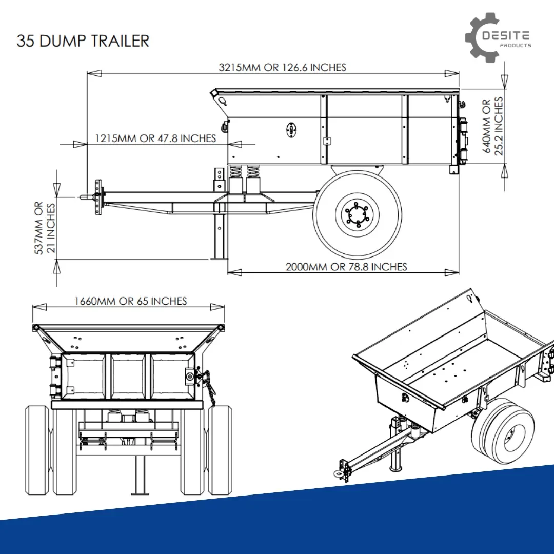 Illustration of DeSite 35 Dump Trailer, a model of the Extreme Duty Dump Trailer available for sale at DeSite Products, tailored to customer needs.