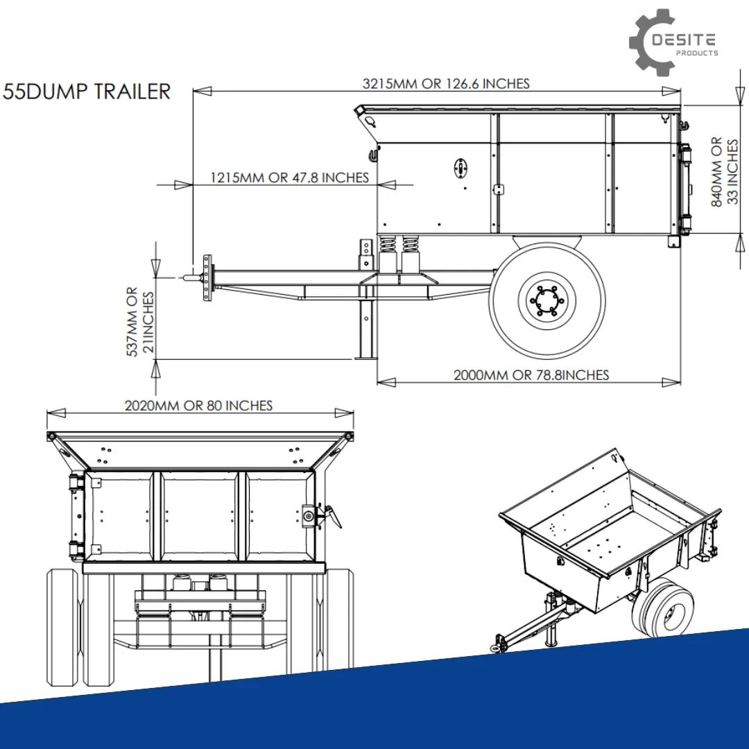 Illustration of DeSite 55 Dump Trailer, a model of the Extreme Duty Dump Trailer available for sale at DeSite Products, tailored to customer needs.