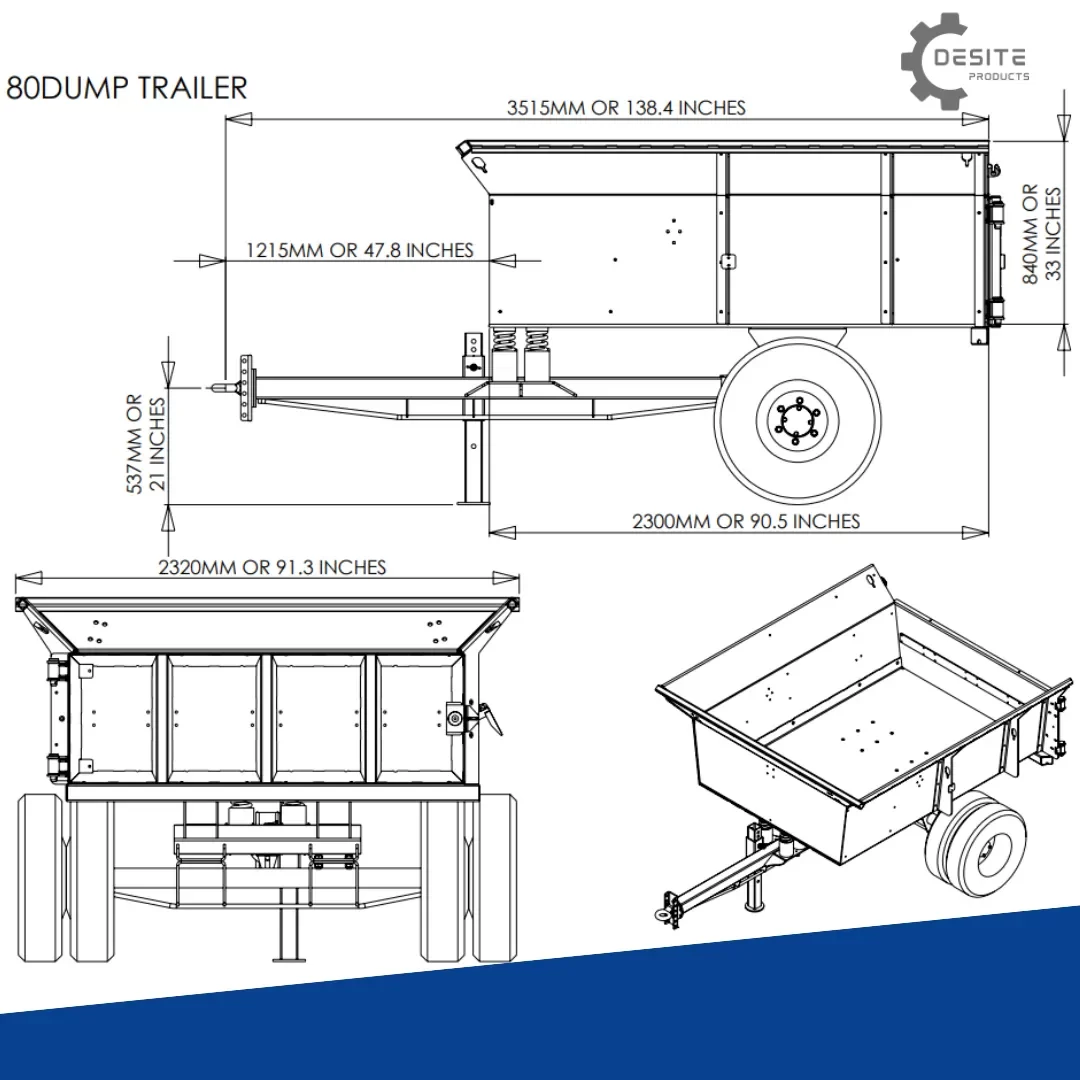 DeSite 80 Dump Trailer – Illustration of Extreme Duty Model Available for Sale at DeSite Products to Meet Customer Needs. Illustration of DeSite 80 Dump Trailer, a model of the Extreme Duty Dump Trailer available for sale at DeSite Products, tailored to customer needs.